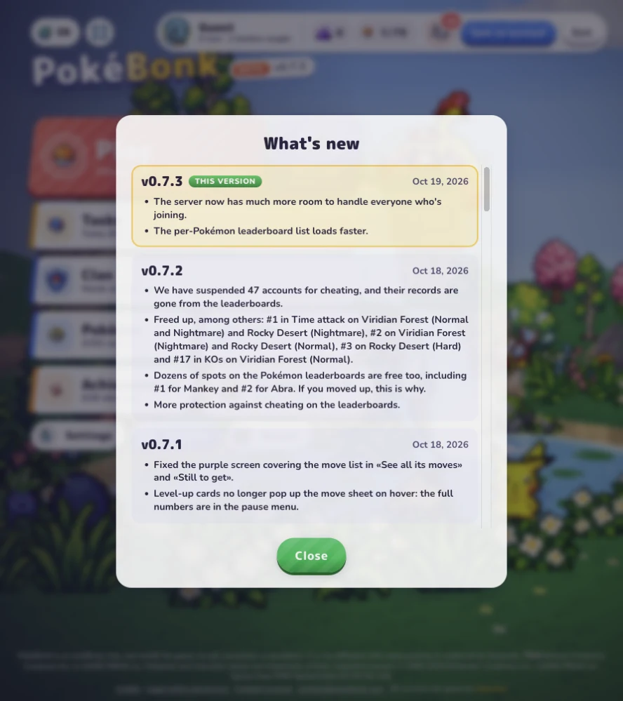 Das What’s-new-Fenster von PokeBonk mit den Änderungen von v0.7.3, v0.7.2 und v0.7.1