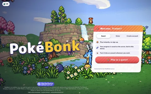 The PokeBonk title screen with the Play as a guest button