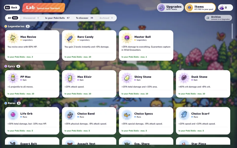 The Lab items catalog with Max Revive, Rare Candy and Master Ball