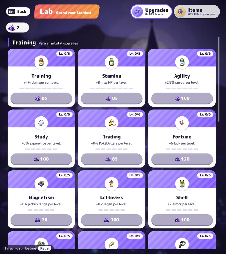 The Lab training upgrades: Training, Stamina, Agility, Study and more
