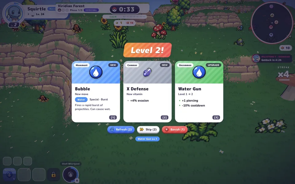 A level-up offering Bubble, X Defense and a Water Gun upgrade